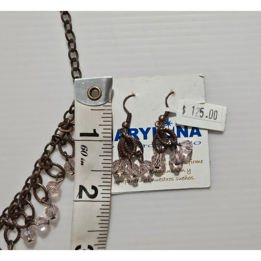 Mary Luna by Lourdes Trejo Pink Crystal Bib Necklace and Earring Set Copper Tone